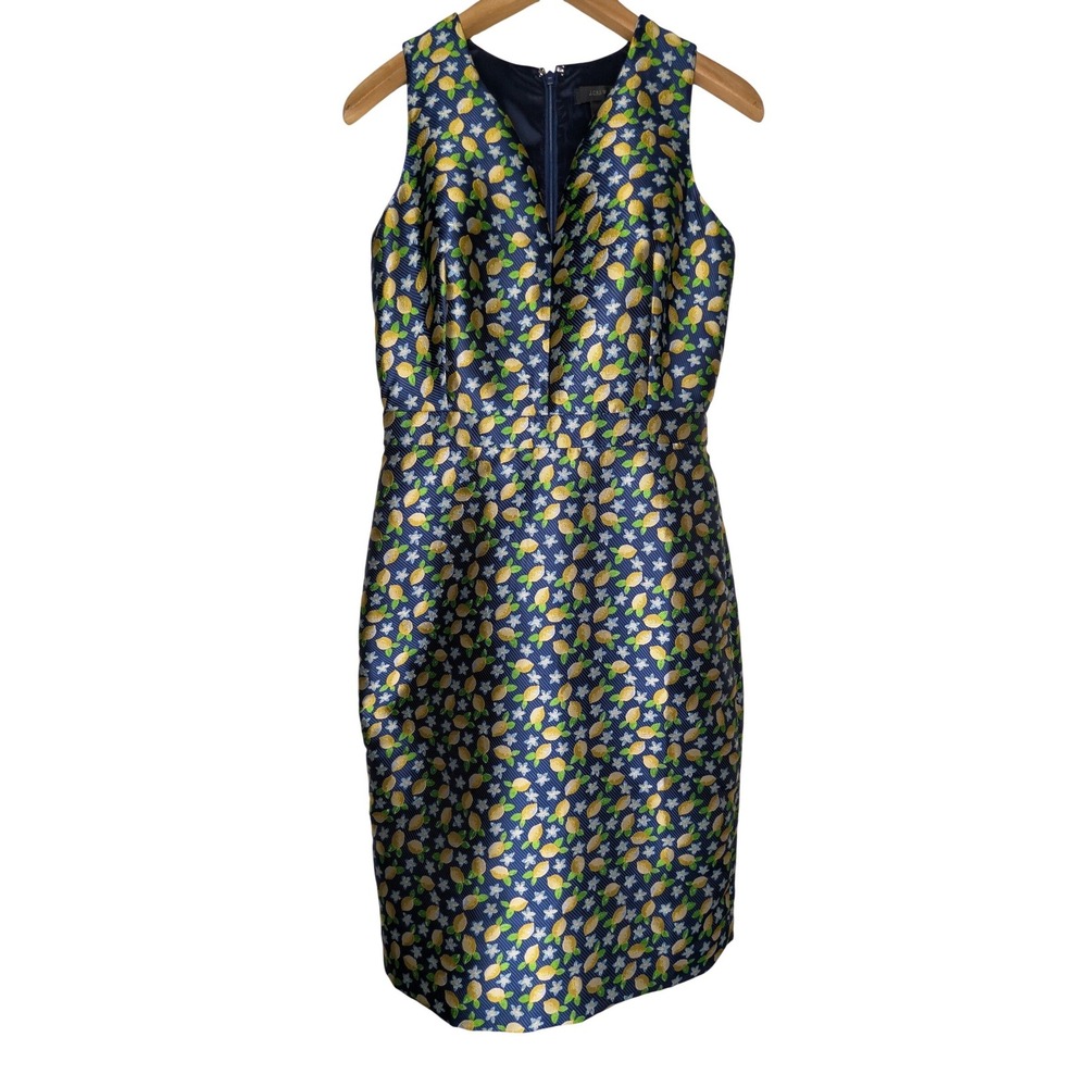 J.Crew Lemon Print Jacquard V-Neck‎ Sheath Dress  Womens Tall 4T Navy Yellow